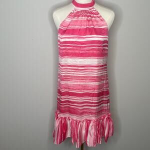 Trina Trina Turk "Zuri 2" Pink Stripped Small Sleeveless Mini Dress Ruffled Hem